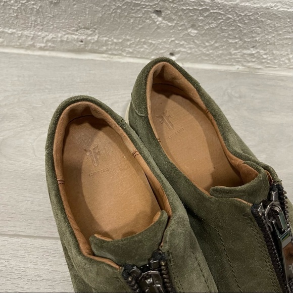 Frye Lena Slip-On Low Top Sneakers Green Suede Zip Front Platform Size 7 - Picture 6 of 9